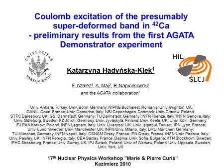 Coulomb excitation of the presumably super-deformed band in 42 Ca - preliminary results from the first AGATA Demonstrator experiment Katarzyna Hadyńska-Klęk.