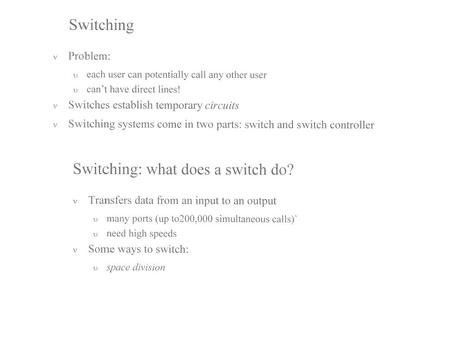 The importance of switching in communication The cost of switching is high Definition: Transfer input sample points to the correct output ports at the.
