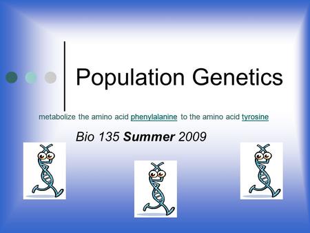 Population Genetics Bio 135 Summer 2009 metabolize the amino acid phenylalanine to the amino acid tyrosinephenylalaninetyrosinemetabolize the amino acid.