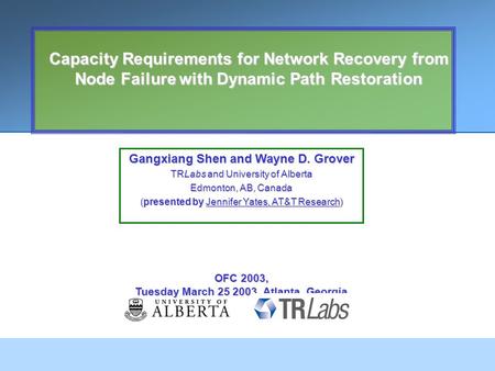 Capacity Requirements for Network Recovery from Node Failure with Dynamic Path Restoration Gangxiang Shen and Wayne D. Grover TRLabs and University of.