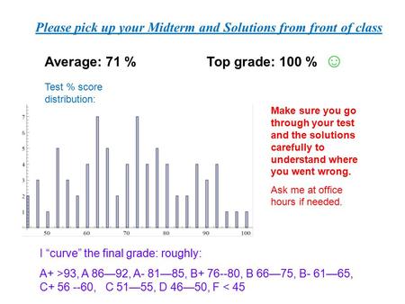 Average: 71 % Top grade: 100 % ☺ Make sure you go through your test and the solutions carefully to understand where you went wrong. Ask me at office hours.