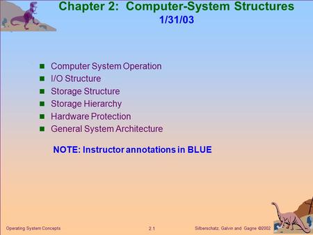 Silberschatz, Galvin and Gagne  2002 2.1 Operating System Concepts Chapter 2: Computer-System Structures 1/31/03 Computer System Operation I/O Structure.