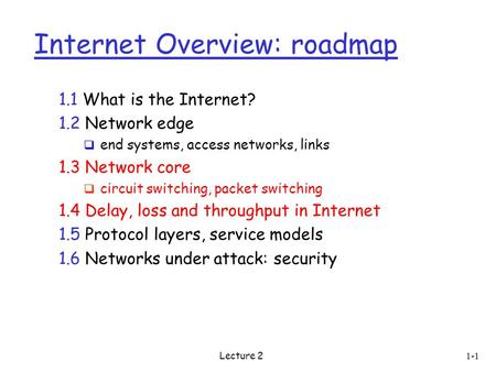 Lecture 2 1-1 Internet Overview: roadmap 1.1 What is the Internet? 1.2 Network edge  end systems, access networks, links 1.3 Network core  circuit switching,