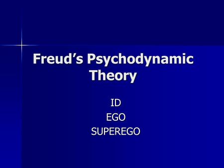 Freud’s Psychodynamic Theory IDEGOSUPEREGO. Freud believed: Freud believed: Human personality arises from conflicts between the pleasure-seeking biological.
