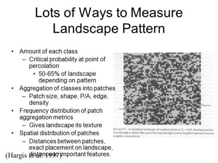 Lots of Ways to Measure Landscape Pattern (Hargis et al. 1997) Fig 9.1 here Amount of each class –Critical probability at point of percolation 50-65% of.