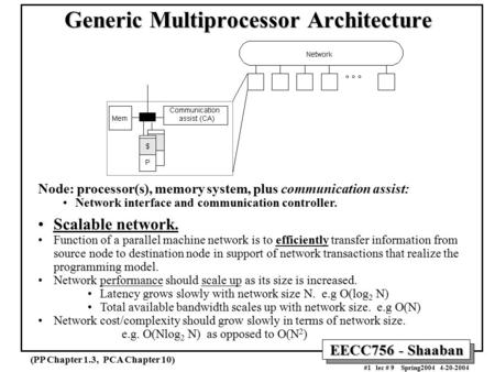 EECC756 - Shaaban #1 lec # 9 Spring2004 4-20-2004 Generic Multiprocessor Architecture Generic Multiprocessor Architecture Node: processor(s), memory system,