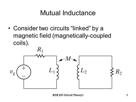 Mutual Inductance Consider two circuits “linked” by a magnetic field (magnetically-coupled coils). ECE 201 Circuit Theory I.