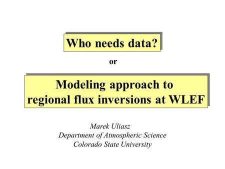 Modeling approach to regional flux inversions at WLEF Modeling approach to regional flux inversions at WLEF Marek Uliasz Department of Atmospheric Science.