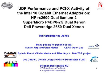 PFLDNet Argonne Feb 2004 R. Hughes-Jones Manchester 1 UDP Performance and PCI-X Activity of the Intel 10 Gigabit Ethernet Adapter on: HP rx2600 Dual Itanium.