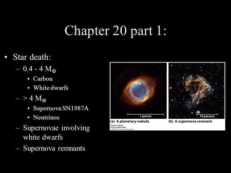 Chapter 20 part 1: Star death: –0.4 - 4 M  Carbon White dwarfs –> 4 M  Supernova SN1987A Neutrinos –Supernovae involving white dwarfs –Supernova remnants.