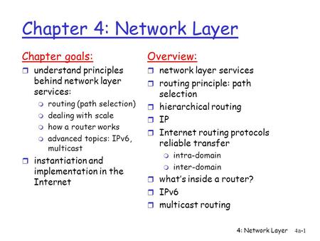 4: Network Layer4a-1 Chapter 4: Network Layer Chapter goals: r understand principles behind network layer services: m routing (path selection) m dealing.