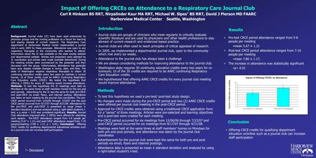 Impact of Offering CRCEs on Attendance to a Respiratory Care Journal Club Harborview Medical Center Seattle, Washington Carl R Hinkson BS RRT, Nirpalinder.