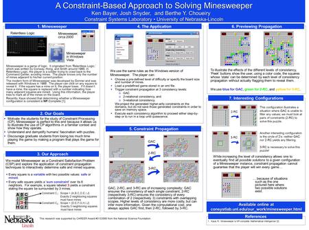 Ken Bayer, Josh Snyder, and Berthe Y. Choueiry Constraint Systems Laboratory University of Nebraska-Lincoln A Constraint-Based Approach to Solving Minesweeper.