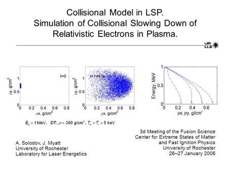 Collisional Model in LSP. Simulation of Collisional Slowing Down of Relativistic Electrons in Plasma. A. Solodov, J. Myatt University of Rochester Laboratory.