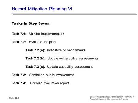 Hazard Mitigation Planning VI Session Name: Hazard Mitigation Planning VI Coastal Hazards Management Course Task 7.1: Monitor implementation Task 7.2: