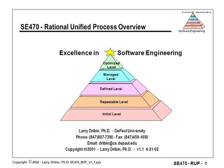 Copyright  2002 - Larry Dribin, Ph.D. SE470_RUP_v1_1.ppt Software Engineering SE470 - RUP - 1 Excellence in Software Engineering Repeatable Level Defined.
