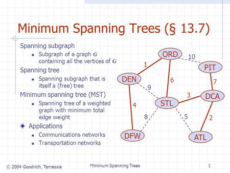© 2004 Goodrich, Tamassia Minimum Spanning Trees1 Minimum Spanning Trees (§ 13.7) Spanning subgraph Subgraph of a graph G containing all the vertices of.