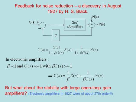 Feedback for noise reduction – a discovery in August 1927 by H. S. Black. Y(s) G(s) (Amplifier)  N(s) + S(s) But what about the stability with large open-loop.