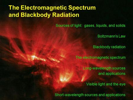 The Electromagnetic Spectrum and Blackbody Radiation Sources of light: gases, liquids, and solids Boltzmann's Law Blackbody radiation The electromagnetic.
