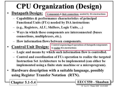EECC550 - Shaaban #1 Lec # 4 Winter 2005 12-13-2005 CPU Organization (Design) Datapath Design: –Capabilities & performance characteristics of principal.