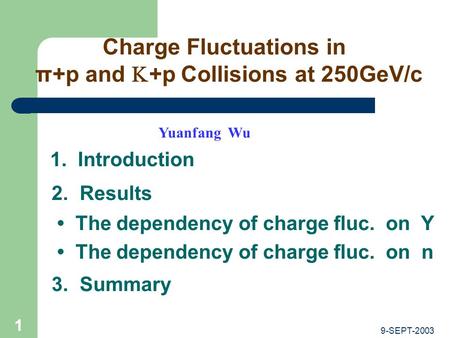 9-SEPT-2003 1 Charge Fluctuations in π+p and  +p Collisions at 250GeV/c Yuanfang Wu 1. Introduction 2. Results The dependency of charge fluc. on Y The.