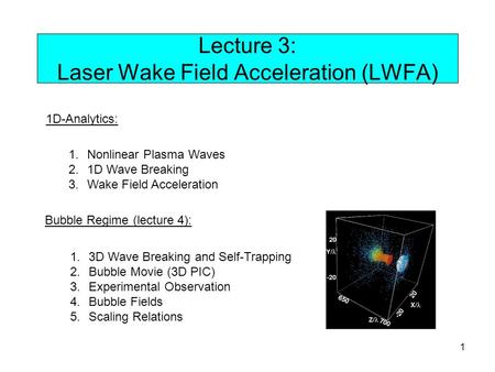 Lecture 3: Laser Wake Field Acceleration (LWFA)