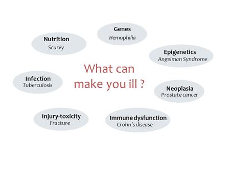 Genes Epigenetics Nutrition Injury-toxicity Infection Immune dysfunction Neoplasia What can make you ill ? Scurvy Hemophilia Prostate cancer Crohn’s disease.