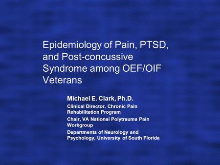 Epidemiology of Pain, PTSD, and Post-concussive Syndrome among OEF/OIF Veterans Michael E. Clark, Ph.D. Clinical Director, Chronic Pain Rehabilitation.