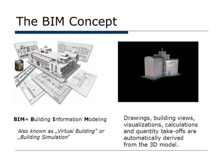 The BIM Concept Drawings, building views, visualizations, calculations and quantity take-offs are automatically derived from the 3D model. BIM= Building.