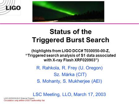 LIGO-G030039-00-Z External Triggers Circulation only within LIGO I authorship list Status of the Triggered Burst Search (highlights from LIGO DCC# T030050-00-Z,