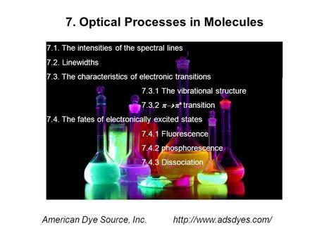 7. Optical Processes in Molecules American Dye Source, Inc.  7.1. The intensities of the spectral lines 7.2. Linewidths 7.3. The.