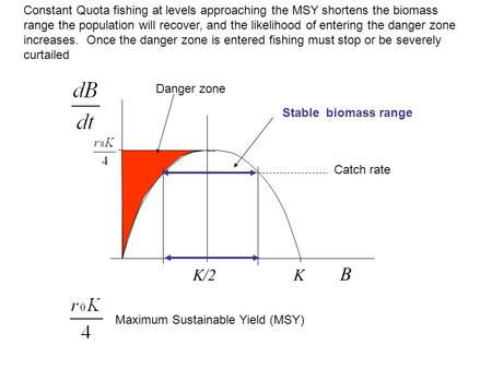 B KK/2 Catch rate Constant Quota fishing at levels approaching the MSY shortens the biomass range the population will recover, and the likelihood of entering.