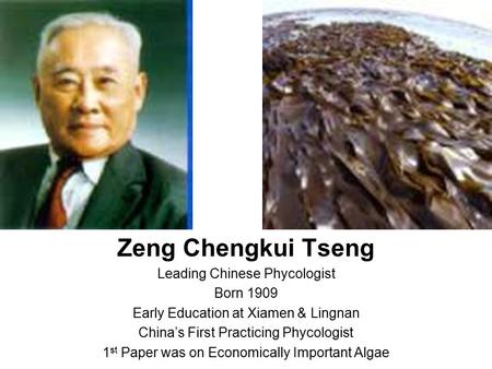 Zeng Chengkui Tseng Leading Chinese Phycologist Born 1909 Early Education at Xiamen & Lingnan China’s First Practicing Phycologist 1 st Paper was on Economically.
