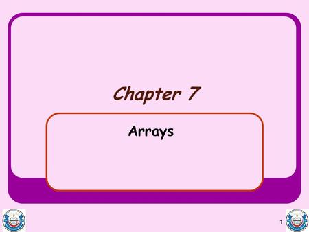 1 Chapter 7 Arrays. 2 Outline and Objective In this chapter we will Learn about arrays One-dimensional arrays Two-dimensional arrays Learn about searching.
