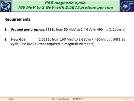 PSB magnetic cycle 160 MeV to 2 GeV with 2.5E13 protons per ring A. Blas 2 GeV magnetic cycle 29/04/2010 1 Requirements 1.Present performance: 1E13p from.