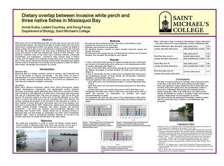 Dietary overlap between invasive white perch and three native fishes in Missisquoi Bay Annie Gulka, Leilani Courtney, and Doug Facey Department of Biology,