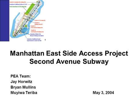 Manhattan East Side Access Project Second Avenue Subway PEA Team: Jay Horwitz Bryan Mullins Muyiwa TeribaMay 3, 2004.