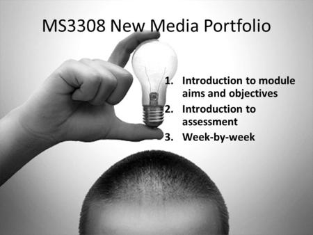 MS3308 New Media Portfolio 1.Introduction to module aims and objectives 2.Introduction to assessment 3.Week-by-week.