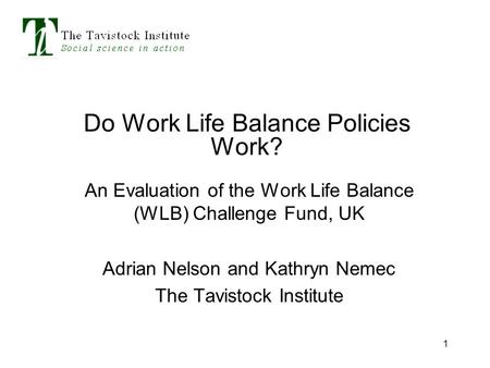 1 Do Work Life Balance Policies Work? An Evaluation of the Work Life Balance (WLB) Challenge Fund, UK Adrian Nelson and Kathryn Nemec The Tavistock Institute.