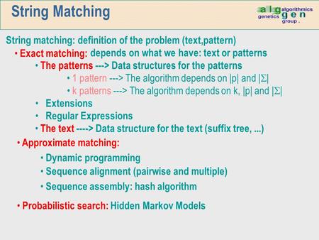 String Matching String matching: definition of the problem (text,pattern) depends on what we have: text or patterns Exact matching: Approximate matching: