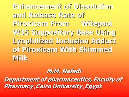 Enhancement of Dissolution and Release Rate of Piroxicam From Witepsol W35 Suppository Base Using Lyophilized Inclusion Adduct of Piroxicam With Skimmed.