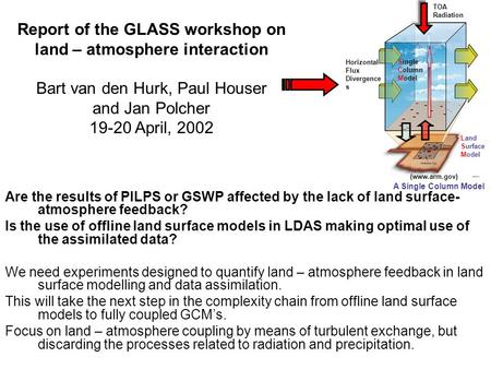 Are the results of PILPS or GSWP affected by the lack of land surface- atmosphere feedback? Is the use of offline land surface models in LDAS making optimal.