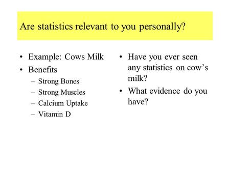 Example: Cows Milk Benefits –Strong Bones –Strong Muscles –Calcium Uptake –Vitamin D Have you ever seen any statistics on cow’s milk? What evidence do.