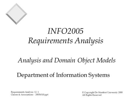 Requirements Analysis 12. 1 Classes & Associations - 2005b510.ppt © Copyright De Montfort University 2000 All Rights Reserved INFO2005 Requirements Analysis.