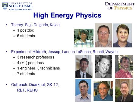High Energy Physics Theory: Bigi, Delgado, Kolda –1 postdoc –5 students Experiment: Hildreth, Jessop, Lannon LoSecco, Ruchti, Wayne –3 research professors.