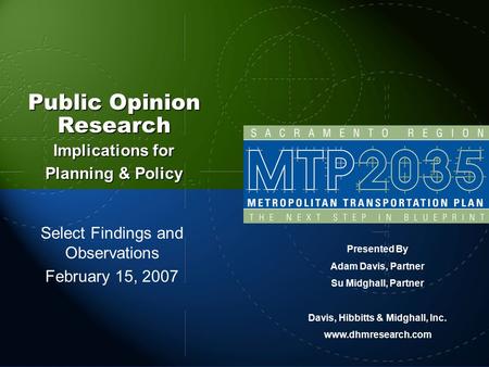 Presented By Adam Davis, Partner Su Midghall, Partner Davis, Hibbitts & Midghall, Inc. www.dhmresearch.com Public Opinion Research Implications for Planning.