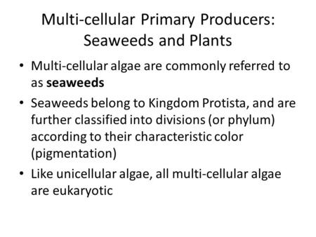 Multi-cellular Primary Producers: Seaweeds and Plants Multi-cellular algae are commonly referred to as seaweeds Seaweeds belong to Kingdom Protista, and.