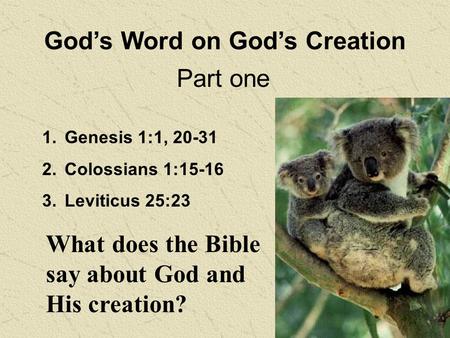 God’s Word on God’s Creation 1.Genesis 1:1, 20-31 2.Colossians 1:15-16 3.Leviticus 25:23 What does the Bible say about God and His creation? Part one.