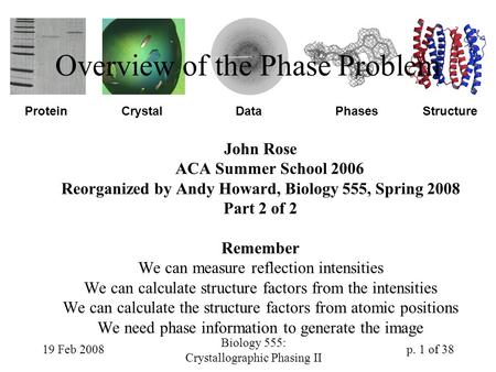 19 Feb 2008 Biology 555: Crystallographic Phasing II p. 1 of 38 ProteinDataCrystalStructurePhases Overview of the Phase Problem John Rose ACA Summer School.