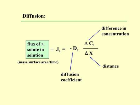 Diffusion:  C s  X - D s J s = difference in concentration distance diffusion coefficient flux of a solute in solution = (mass/surface area/time)